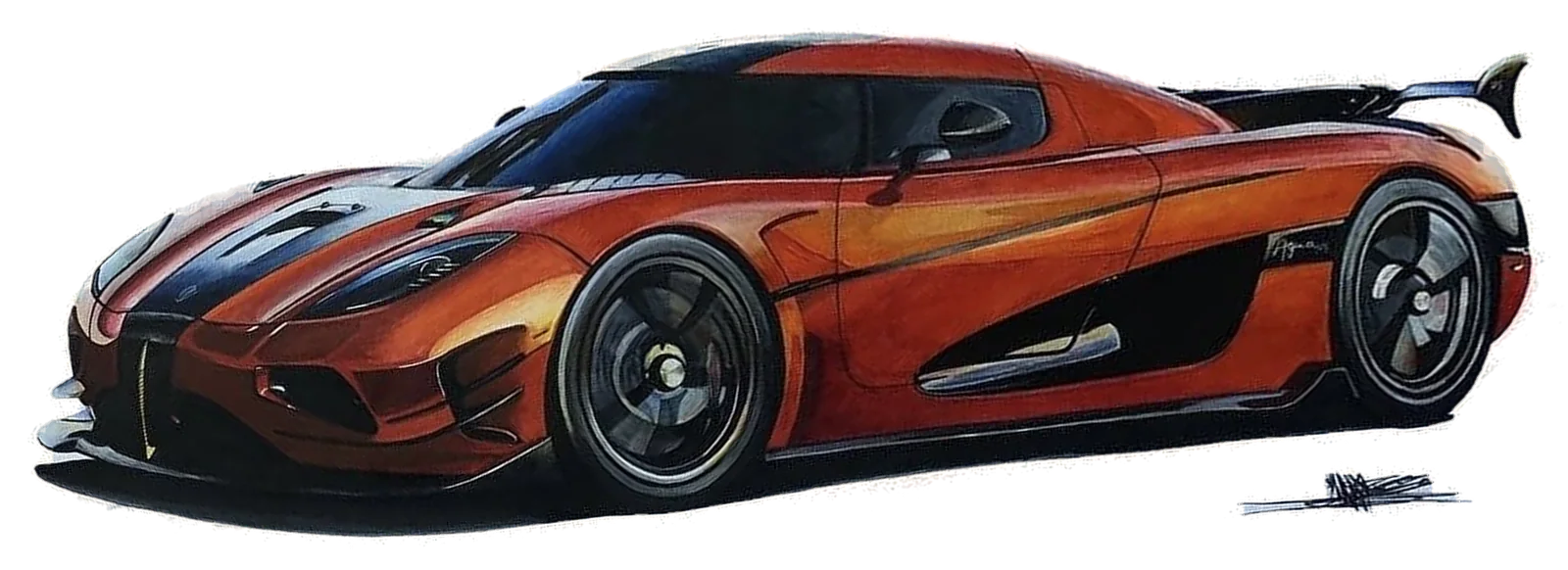 Ručně kreslený oranžový Koenigsegg, pohled zepředu zleva, s podpisem autora